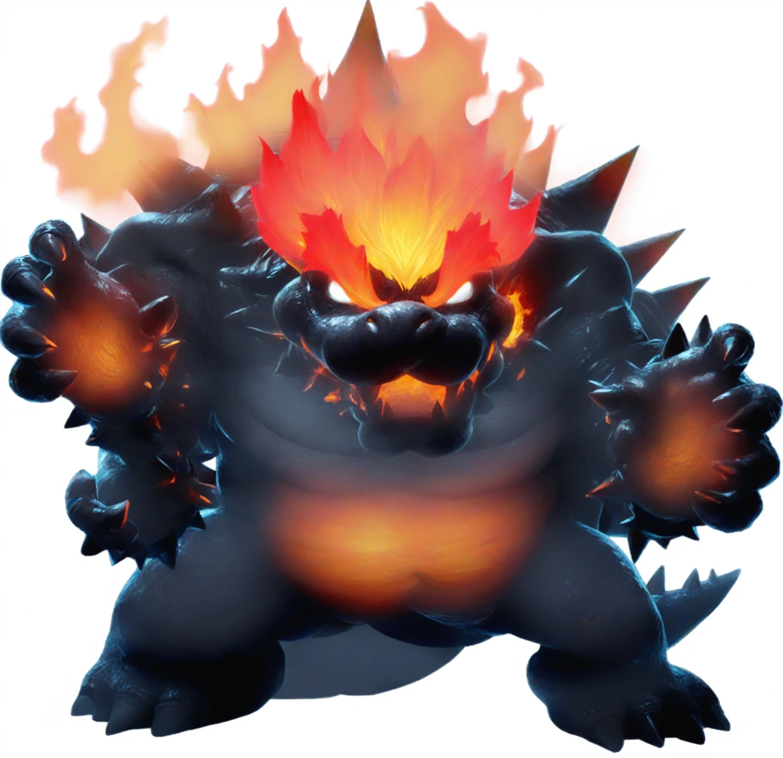 a close up of a cartoon character with a fire face, fire breathing. bowser, bowser, bowser nintendo, roshan, blazing infero, balrog, lava!!!, made of lava, glowing lava!!!, ruler of inferno, mario, final boss, koopa, menacing!!!, cacodemon, official artwork, intense smoldering, fire type