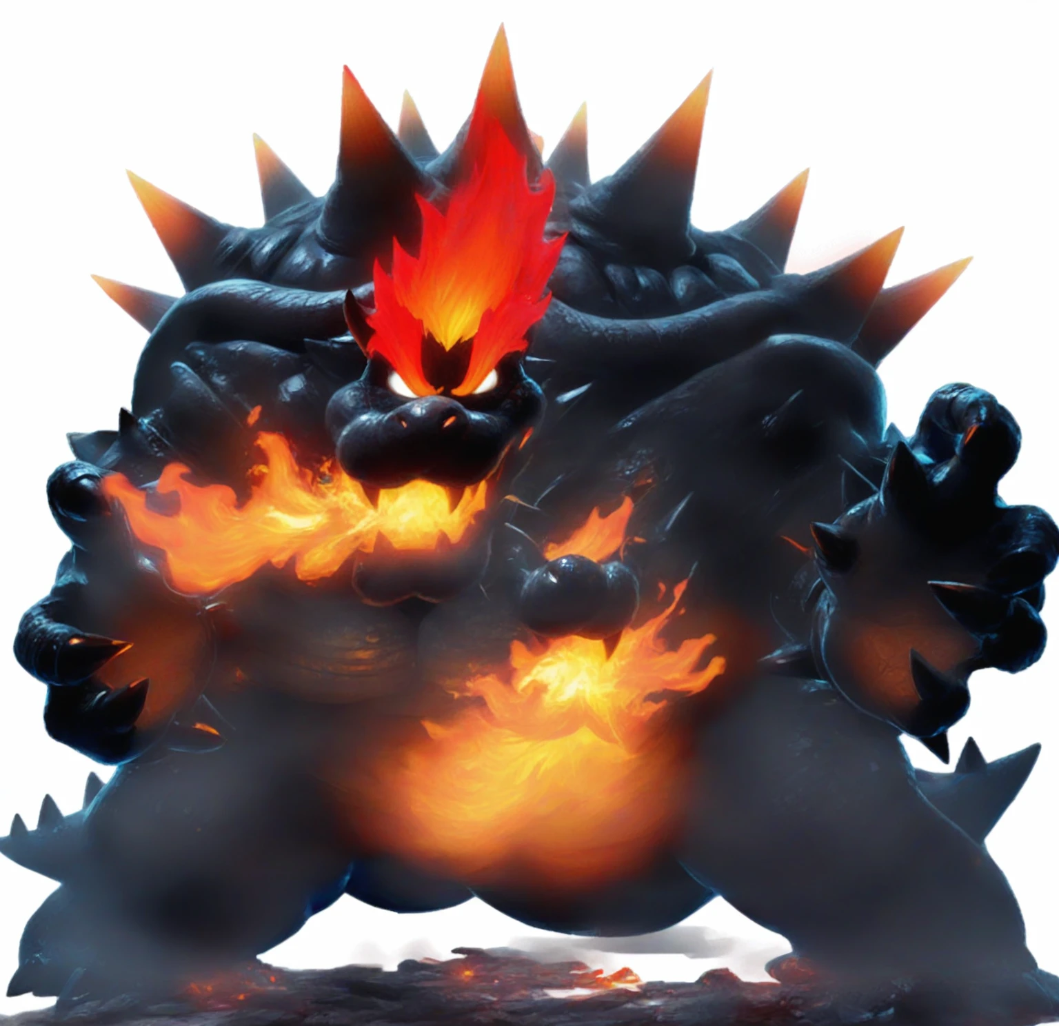 a close up of a cartoon character with a fire face, fire breathing. bowser, bowser, bowser nintendo, roshan, blazing infero, balrog, lava!!!, made of lava, glowing lava!!!, ruler of inferno, mario, final boss, koopa, menacing!!!, cacodemon, official artwork, intense smoldering, fire type