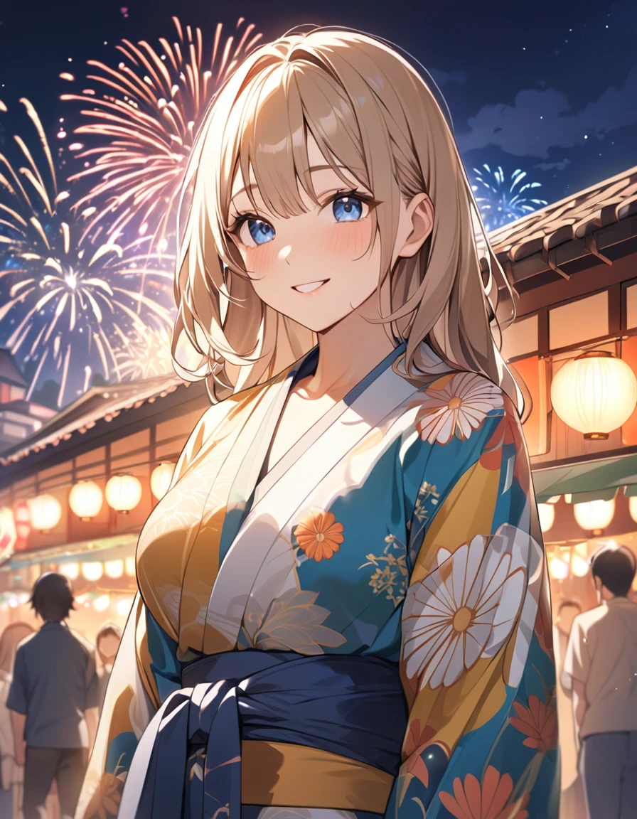 (Highest qualityのイラスト:1.2), (cute女の子:1.1), (1 girl、17 years old、Highest qualityのイラスト:1.2), (1 girl、Kind eyes、blue eyes:1.2)、Blonde、Semi-long hair、Mature、Larger breasts、(Highest quality、Very detailed、cute、Ultra-high resolution) 、Yukata、smile、night、Festival of the Japan、fair、Fireworks in the sky