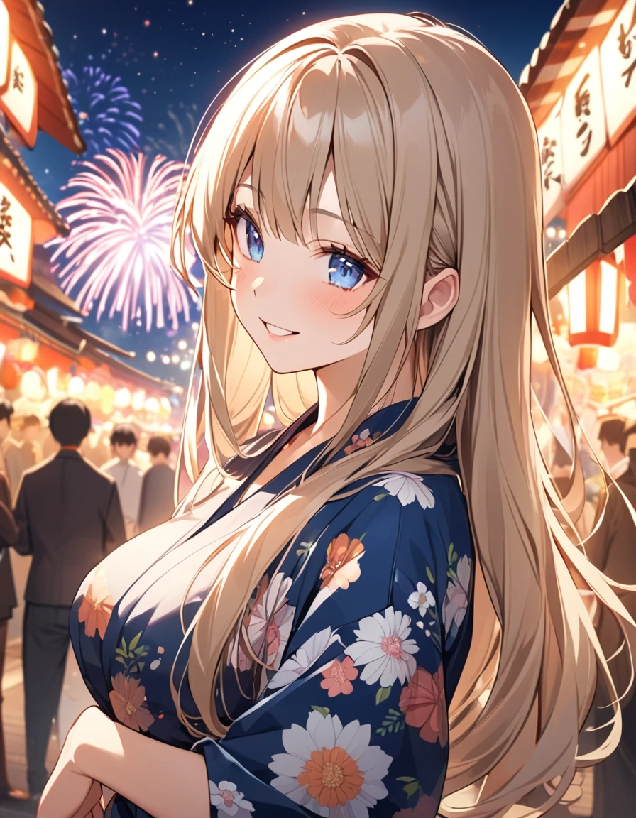 (Highest qualityのイラスト:1.2), (cute女の子:1.1), (1 girl、17 years old、Highest qualityのイラスト:1.2), (1 girl、Kind eyes、blue eyes:1.2)、Blonde、Semi-long hair、Mature、Larger breasts、(Highest quality、Very detailed、cute、Ultra-high resolution) 、Yukata、smile、night、Festival of the Japan、fair、Fireworks in the sky