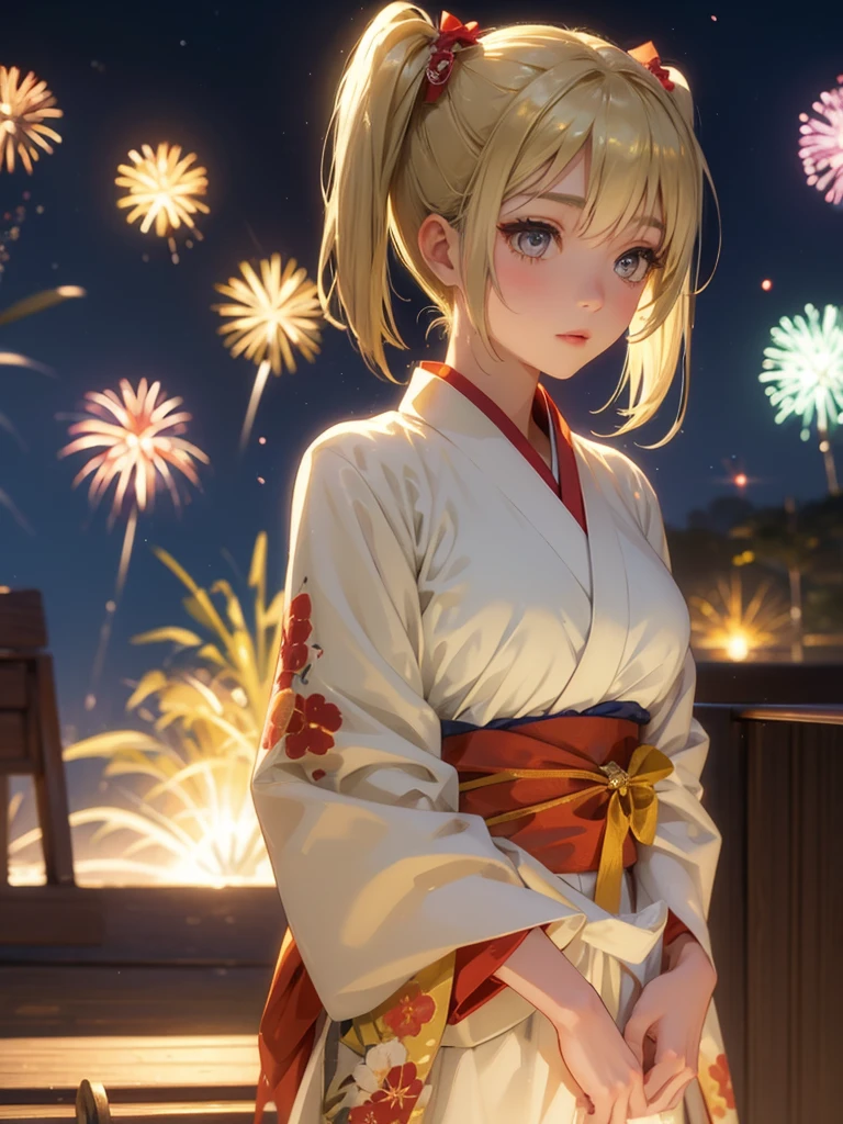 Kyoko , kimono night in firework , blonde hair, pigtailed haired , yellowish eyes