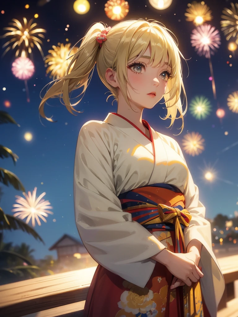 Kyoko , kimono night in firework , blonde hair, pigtailed haired , yellowish eyes