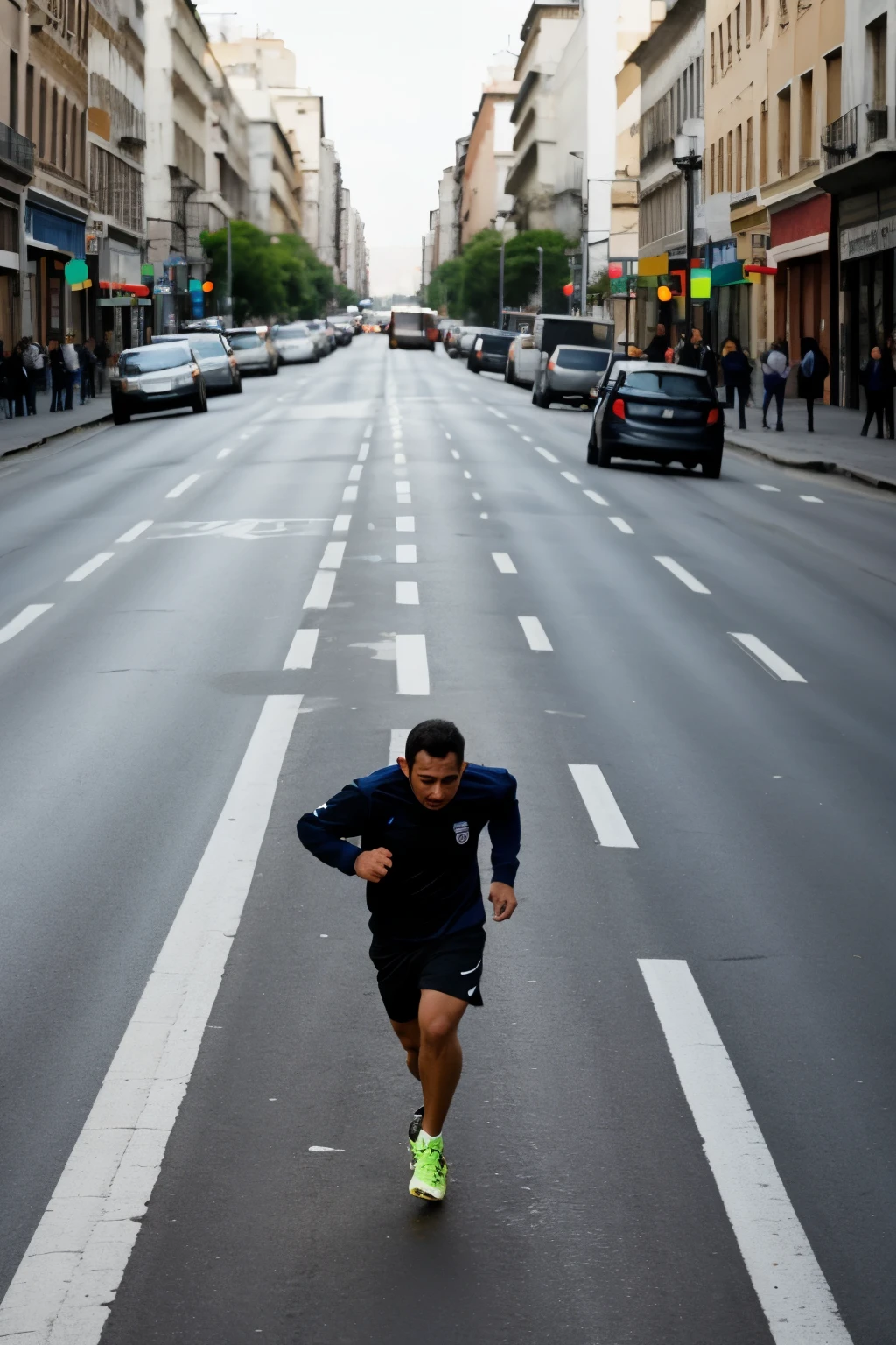 Create an image with the following description: a stray bullet had killed him while crossing the street., but without realizing it, He kept running full of anguish, corriendo porWhat otra vez estaba atrasado, corriendo porWhat esta ocasión el jefe podía cumplir su amenaza de despedirlo y entonces What seria de su vida, What.