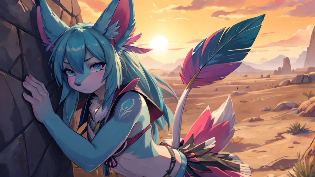 Miku Hatsune x Aloy Forbidden Horizon Dragon West Armor Tenack, add high definition_detail:1, blue fur,kitsune ears, tribal tattoo add_detail:1, sensual pose against the wall add_details:1, tribal feather necklace, rainbow feather skirt, Tribal feather body decorations in high definition., tribal feather bralette, desert landscape oasis in the background, exhausted girl, perspiration, very hot, intense sun add_detailsl 