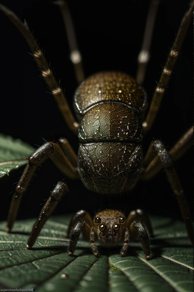 detailed spider, spider sitting on a leaf, dark gloomy background, moody mysterious atmosphere, dramatic lighting, (best quality,4k,8k,highres,masterpiece:1.2),ultra-detailed,(realistic,photorealistic,photo-realistic:1.37),HDR,UHD,studio lighting,ultra-fine painting,sharp focus,physically-based rendering,extreme detail description,