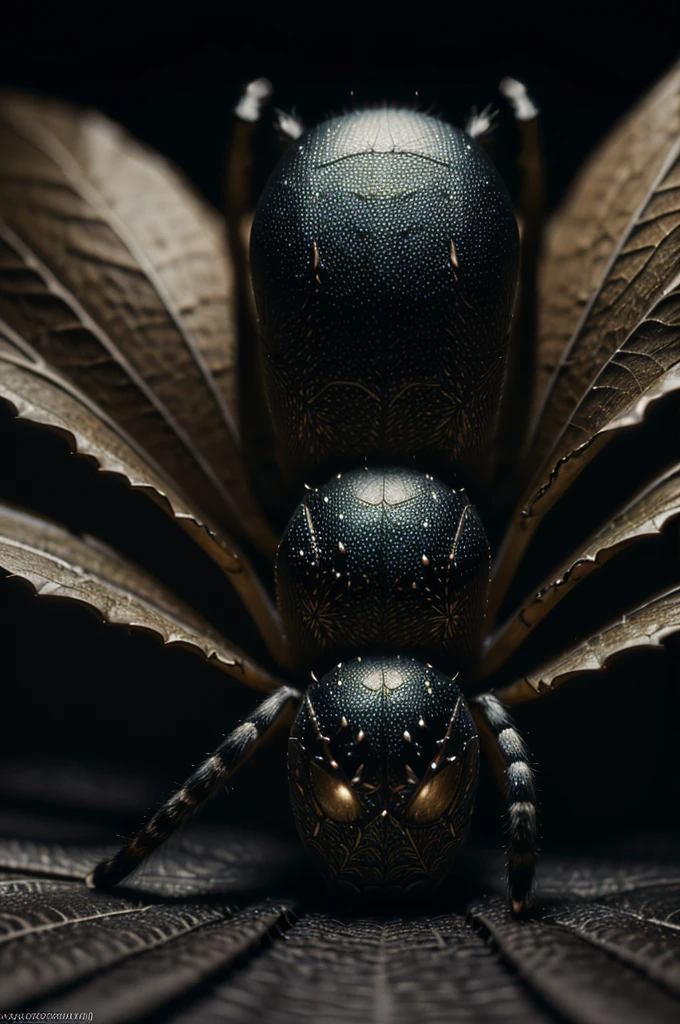 detailed spider, spider sitting on a leaf, dark gloomy background, moody mysterious atmosphere, dramatic lighting, (best quality,4k,8k,highres,masterpiece:1.2),ultra-detailed,(realistic,photorealistic,photo-realistic:1.37),HDR,UHD,studio lighting,ultra-fine painting,sharp focus,physically-based rendering,extreme detail description,