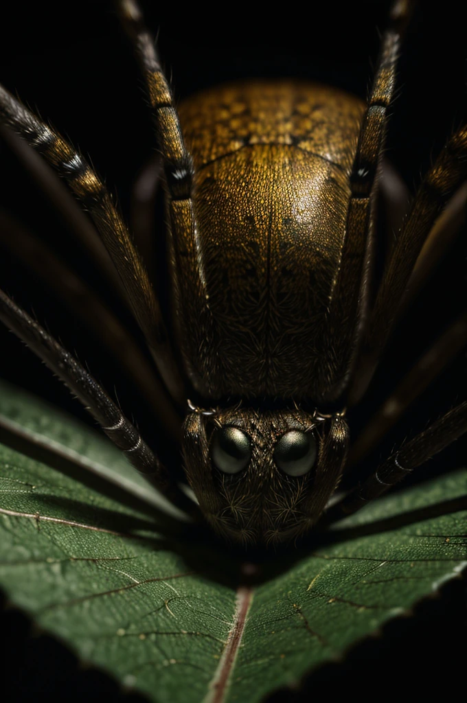detailed spider, spider sitting on a leaf, dark gloomy background, moody mysterious atmosphere, dramatic lighting, (best quality,4k,8k,highres,masterpiece:1.2),ultra-detailed,(realistic,photorealistic,photo-realistic:1.37),HDR,UHD,studio lighting,ultra-fine painting,sharp focus,physically-based rendering,extreme detail description,