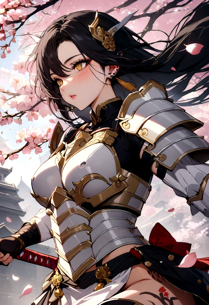 The most beautiful and sexy ninja warrior princess, black hair, yellow eyes, wearing the most beautiful and incredibly detailed all white battle armor, tons of tattoos and piercings, cherry blossoms blowing in the wind, perfect masterpiece, high quality, high resolution