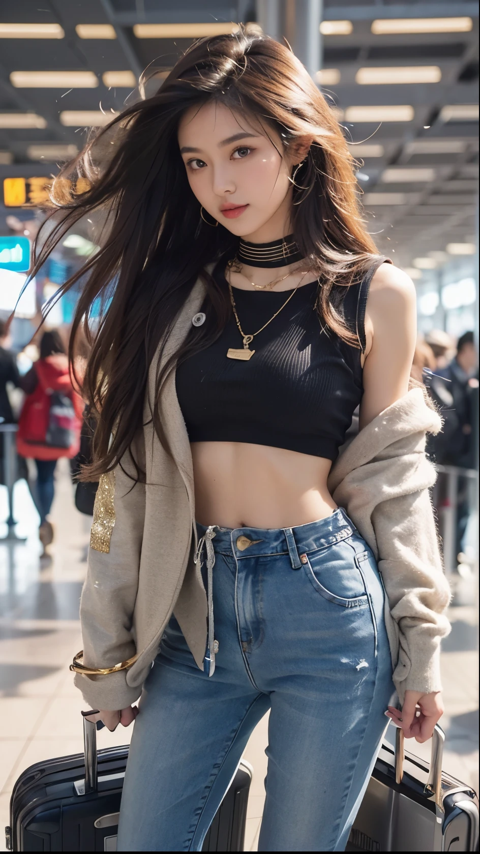 Beautiful Japanese Waifu, early 30s, brunette hair, gold era rings, gold necklace, black cropped vest, loose jacket, jeans, luggage in hand, in a busy airport 