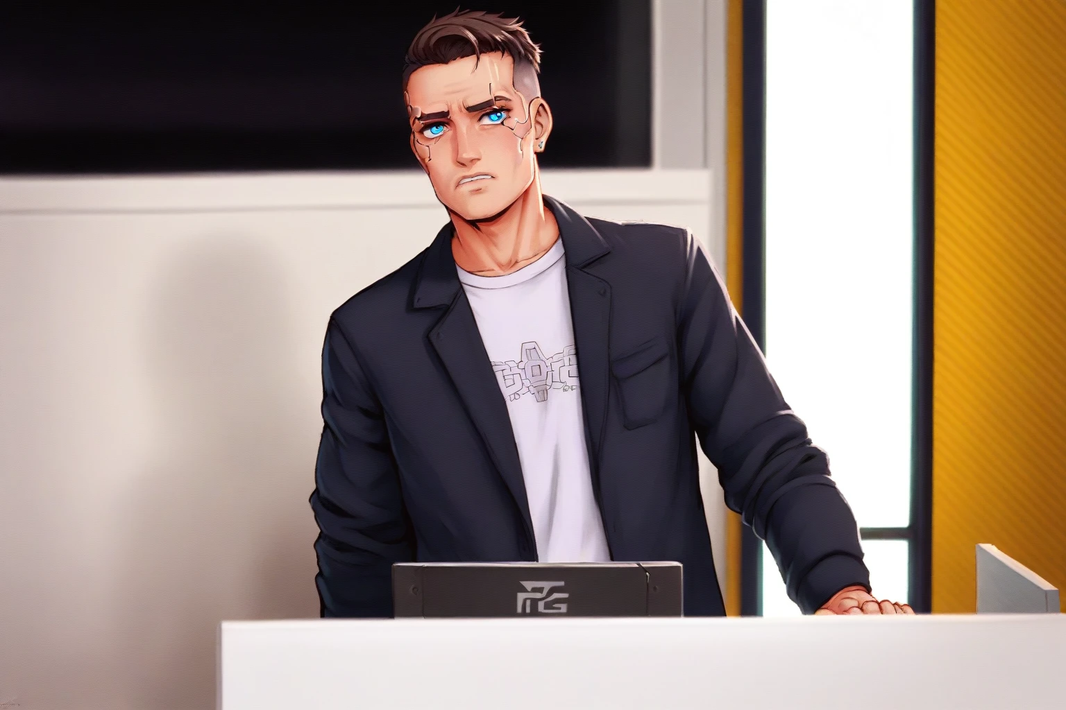 1 мужчина, (стройное тело), (Один), 30 лет, HDR, Create a cyberpunk-style portrait featuring a person with short black hair, blue eyes, and a slim build. The character has advanced cybernetic implants similar to Johnny Silverhand's, including a metallic arm with intricate details, glowing circuitry on the skin, and high-tech interfaces integrated into their body. The background should feature a neon-lit, futuristic cityscape with towering skyscrapers, holographic advertisements, and bustling streets. The overall atmosphere is dark and moody, with vibrant neon colors and a sense of high-tech, dystopian environment. The character should have a confident and determined expression, reflecting their resilience in this cyberpunk world. No glasses should be present on the character.