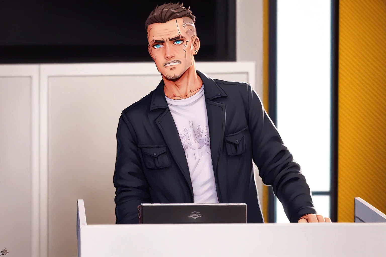 1 мужчина, (стройное тело), (Один), 30 лет,  HDR, Create a cyberpunk-style portrait featuring a person with short black hair, blue eyes, and a slim build. The character has advanced cybernetic implants similar to Johnny Silverhand's, including a metallic arm with intricate details, glowing circuitry on the skin, and high-tech interfaces integrated into their body. The background should feature a neon-lit, futuristic cityscape with towering skyscrapers, holographic advertisements, and bustling streets. The overall atmosphere is dark and moody, with vibrant neon colors and a sense of high-tech, dystopian environment. The character should have a confident and determined expression, reflecting their resilience in this cyberpunk world. No glasses should be present on the character.