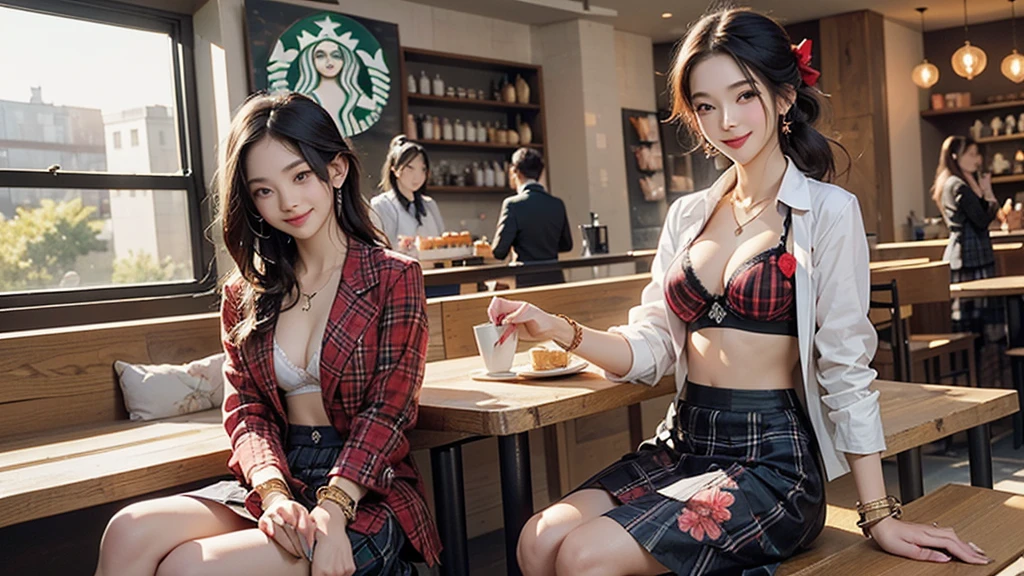 8K、RAW Photos、Highest quality、Super detailed、Super Resolution、Ultra HD、8K壁紙、Amazing details blazer uniform girl ((White blouse with formal collar, Red blazer,
Black plaid skirt, Red checkered ribbon on blouse)), Complete limbs, Full Finger,
(((((Inside the Starbucks store)))))、((16 year old female student))、(((((Eat cake、Drink coffee、smile)))))、(((Heart Necklace、Gold bracelet)))
(((Emphasize cleavage)))
(((((Woman sitting at the window seat)))))
((((((A black floral bra is visible))))))
(((Full body photo、The whole body is visible、Full body portrait)))