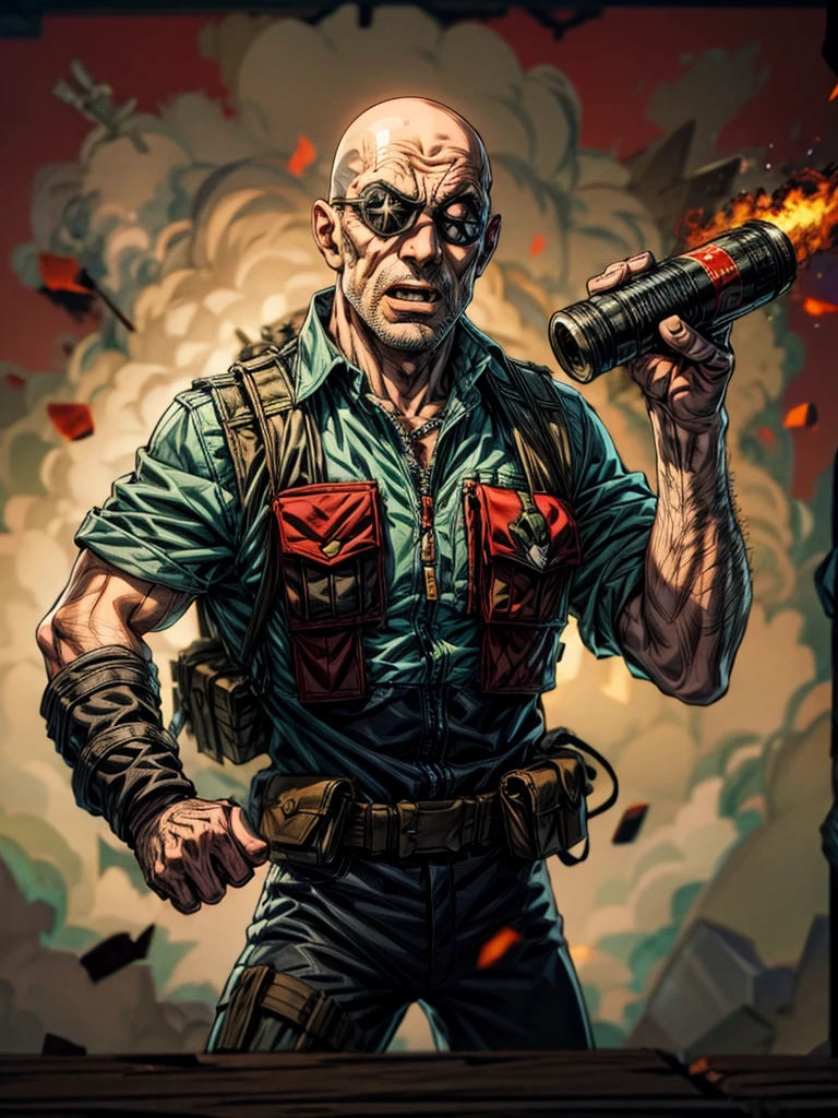 a bald man with intense expression, eye patch, one-eyed, holding TNT dynamite sticks in his hands, wearing military vest, muscular build, TNT dynamite attached to the military vest, Crazy Ivan, bomber man from Russia, ready to ignite chaos and destruction, dramatic shadows, dark and intense colors