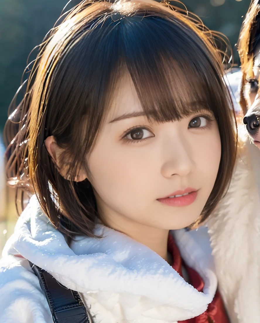 Being with a dog、A girl and a dog warming themselves by a bonfire、Lens flare、Hair blowing in the wind、Medium Short Hair、、Expressing the whiteness of one's breath、Photo from the waist up、Night city illumination shot、Cowgirl Shot、Fur coat、豪華なグレーのミンクのFur coat、Wear fine leather boots、Luxury Bags、Inner turtleneck、Silver necklace and small silver earrings Millionaire style:1.4))、Full body photo、smile、 Caustics、Highly detailed photos、Very beautiful woman 、Ample breasts、No makeup、(8K、RAW Photos、Highest quality、masterpiece:1.2)、(Realistic、Realistic)、1 Girl、((Medium Short Hair、Midwinter、Cold region Snow falling、The wind is blowing、Fluttering Hair、Blur the background、Colorful illuminations、Looking into the camera:1.4))、