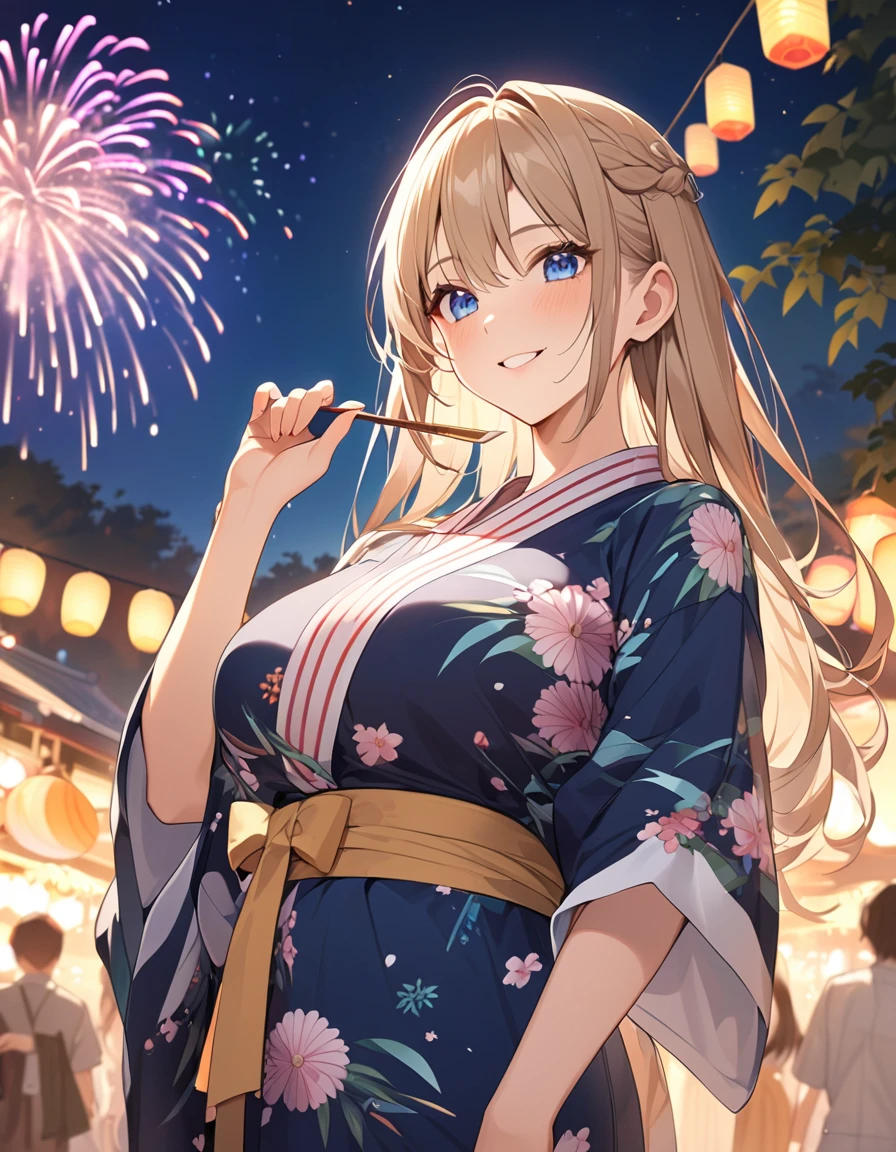 (Highest qualityのイラスト:1.2), (cute女の子:1.1), (1 girl、17 years old、Highest qualityのイラスト:1.2), (1 girl、Kind eyes、blue eyes:1.2)、Blonde、Semi-long hair、Mature、Larger breasts、(Highest quality、Very detailed、cute、Ultra-high resolution) 、Yukata、smile、night、Festival of the Japan、fair、Fireworks in the sky