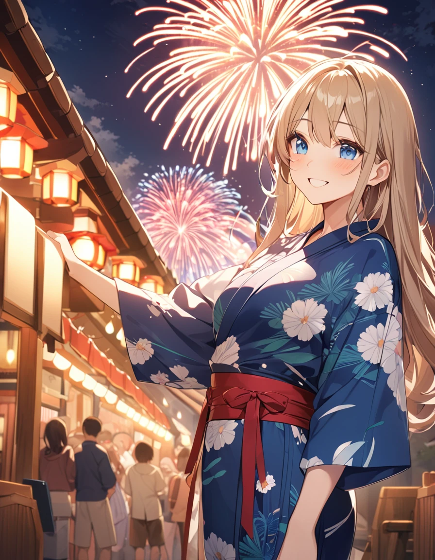 (Highest qualityのイラスト:1.2), (cute女の子:1.1), (1 girl、、Highest qualityのイラスト:1.2), (1 girl、Kind eyes、blue eyes:1.2)、Blonde、Semi-long hair、Mature、Larger breasts、(Highest quality、Very detailed、cute、Ultra-high resolution) 、Yukata、smile、night、Festival of the Japan、fair、Fireworks in the sky