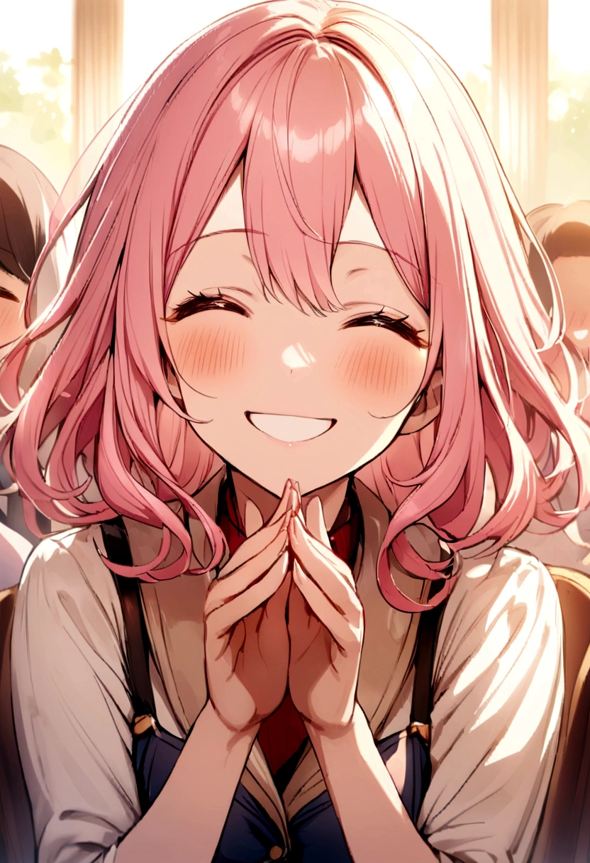 Her hair is pink、applaud、Honoring People、smile