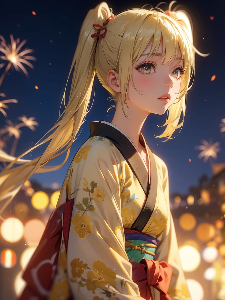 Kyoko , kimono night in firework , blonde hair, pigtailed haired , yellowish eyes