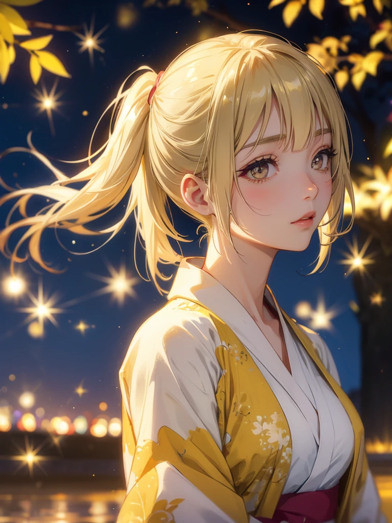 Kyoko , kimono night in firework , blonde hair, pigtailed haired , yellowish eyes