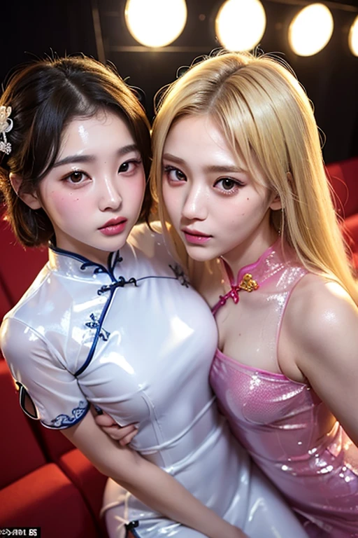 ((blank background)),(((Two girls in cheongsam))),(One is a **-****-*** Korean KPOP idol，blonde short hair.),(One is an **-****-*** Japanese long-haired gravure idol，plump figure.),(Face stained:1.3),Back hug,cheeks and cheeks,((They all look at the audience.)),small areola,open your mouth,Narrow your eyes,kiss,from above,(((Their eyes are full of provocation))),The two are lovers,Beautiful eyes reflect light,Hair reflects light and sparkles,photo shoot. The two wearing latex clothes