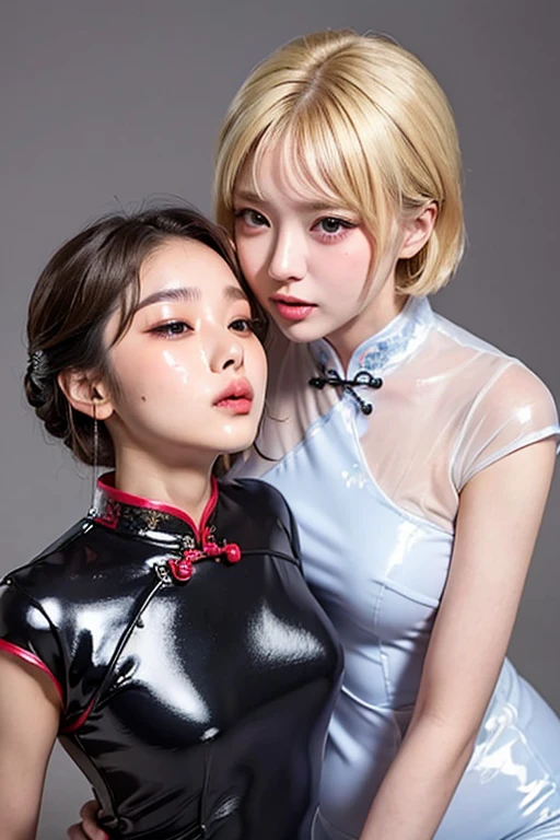 ((blank background)),(((Two girls in cheongsam))),(One is a 15-year-old Korean KPOP idol，blonde short hair.),(One is an 15-year-old Japanese long-haired gravure idol，plump figure.),(Face stained:1.3),Back hug,cheeks and cheeks,((They all look at the audience.)),small areola,open your mouth,Narrow your eyes,kiss,from above,(((Their eyes are full of provocation))),The two are lovers,Beautiful eyes reflect light,Hair reflects light and sparkles,photo shoot. The two wearing latex clothes