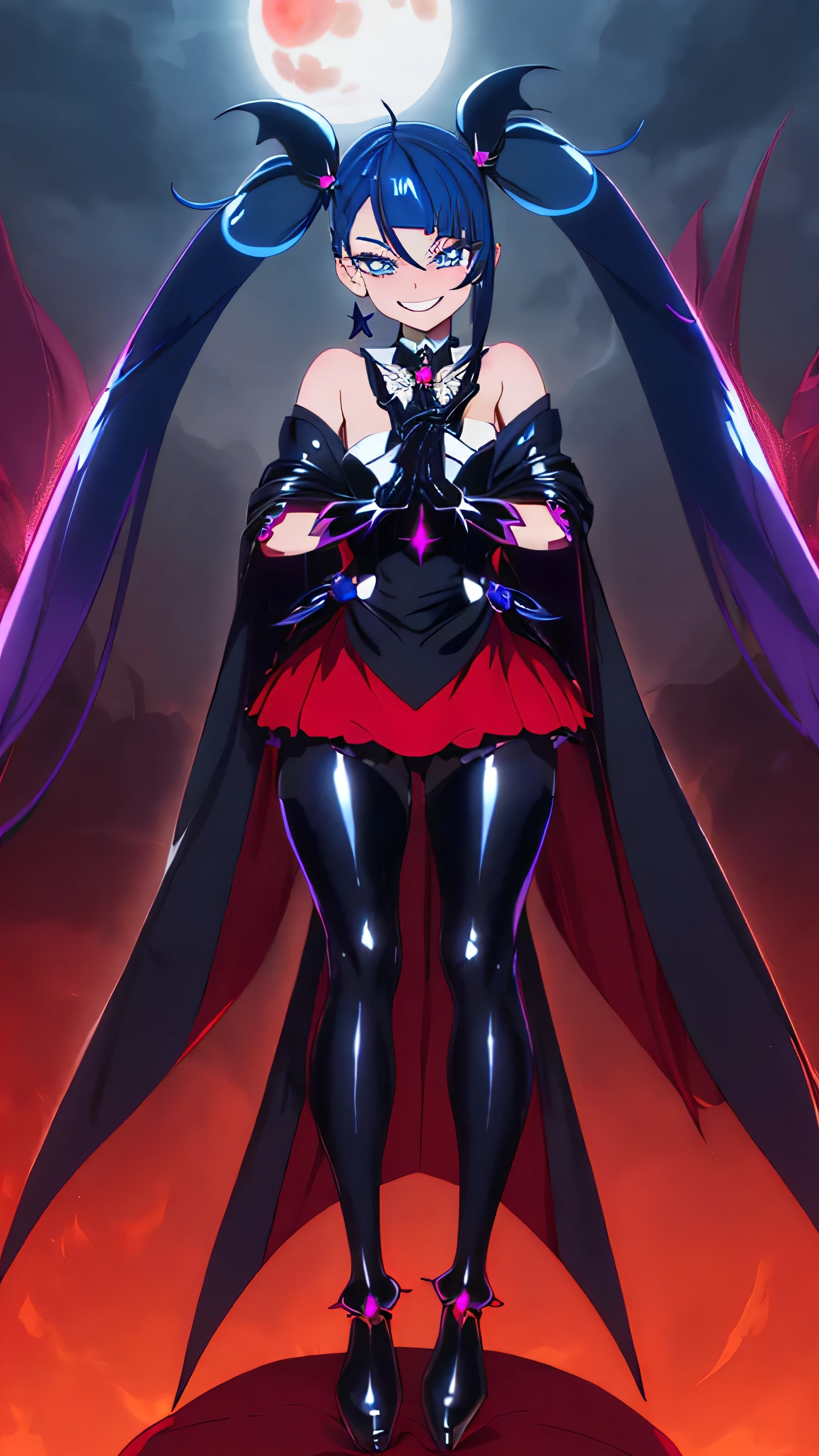 Highest quality, Super detailed,One girl, alone, {cure_null_hirogarunullprecure:1.15}, Dark blue hair, blue eyes, Blue flames in the eyes, Long Hair, Twin tails, Magical girl, bangs, Open your mouth, Redhead, multicoloRedhead, One girl, blunt bangs, Darken your clothes, hair ornaments, Wicked Smile, devilish aura (Shiny fabric:1.5), Full Body Shot, Purple Gemstone, Fascinating, blush, (Beautiful attention to detail:1.6), Highly detailed face, Perfect lighting, Highly detailed CG, (Perfect hands, Perfect Anatomy), devil, Red and black color scheme, Shiny material, Grin, Black Ribbon, Black satin gloves, Evil clover leaf ornament, Black ruffles, jewelry, corruption, Latex gloss, Black Gothic Cloak, Wicked Smile, Dark world background, Red Moon, cloudy null, CG Style, One-sided black wing,deep shaded face,sadistic smile,Malice,contempt,laugh at,two hands,two legs,five fingers,