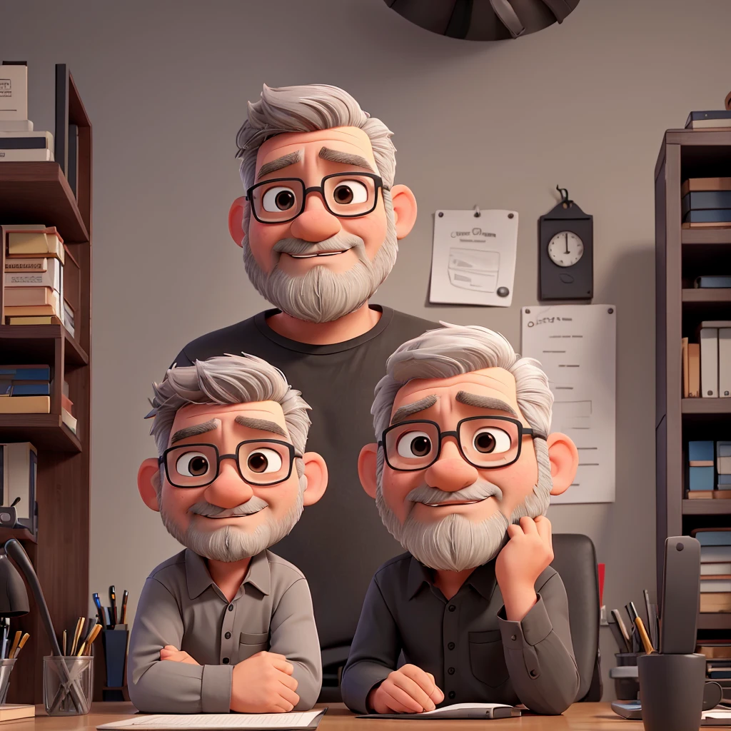 a man, gray hair, little beard, black shirt, chubby, sitting at an office desk