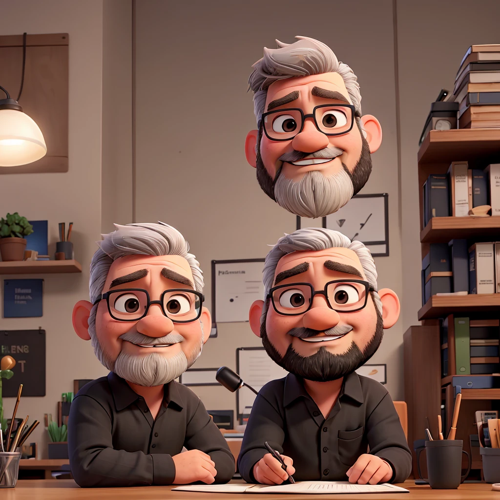 a man, gray hair, little beard, black shirt, chubby, sitting at an office desk