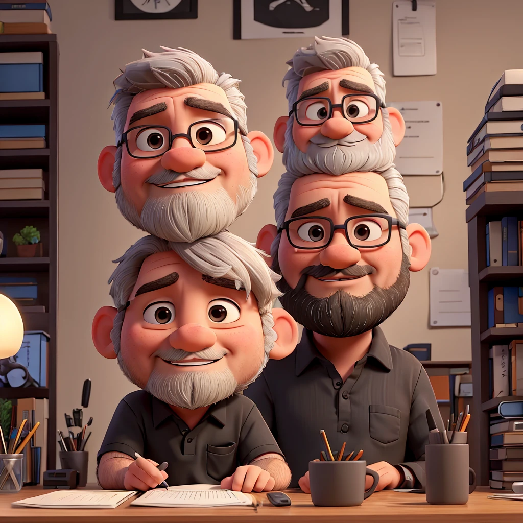 a man, gray hair, little beard, black shirt, chubby, sitting at an office desk