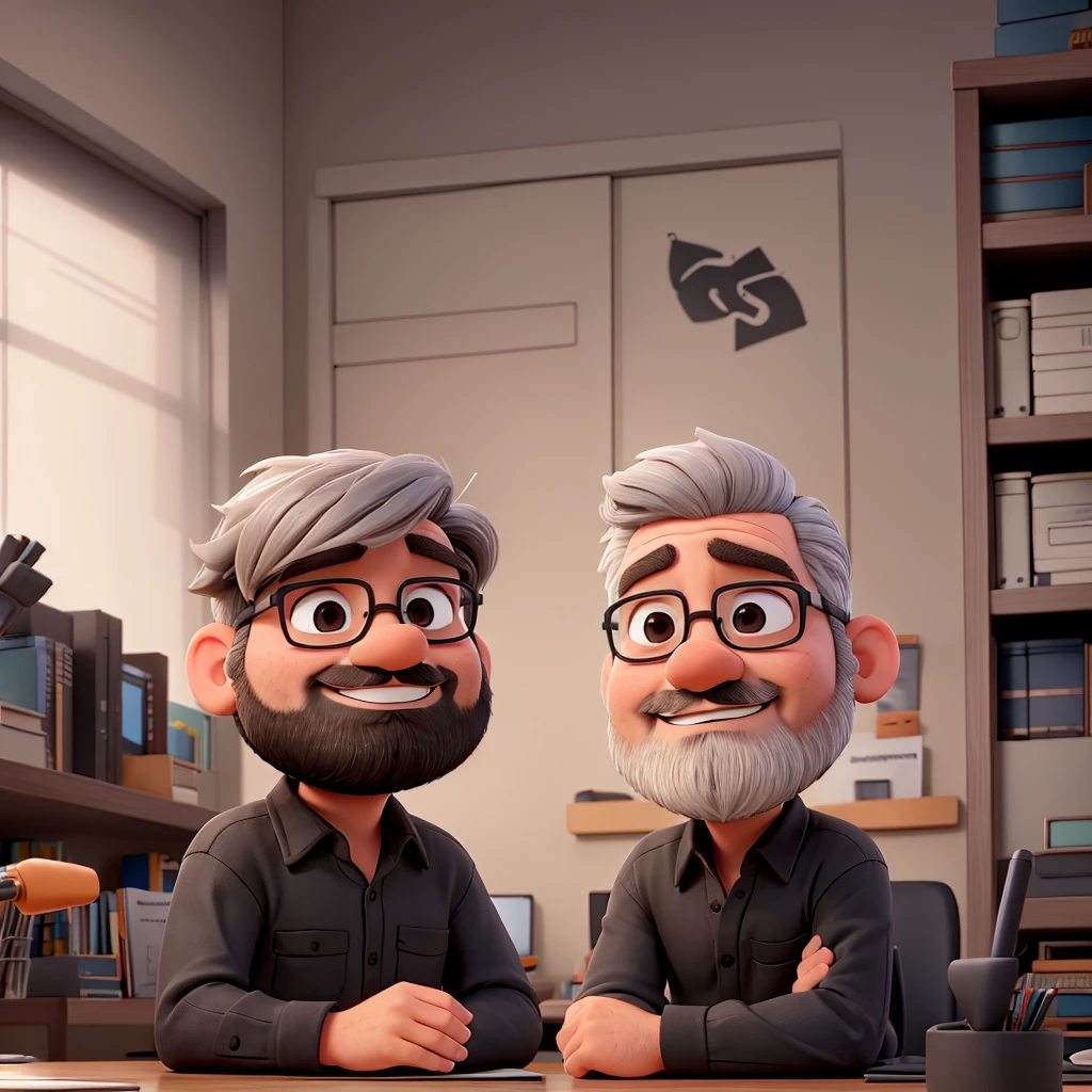 a man, gray hair, little beard, black shirt, chubby, sitting at an office desk