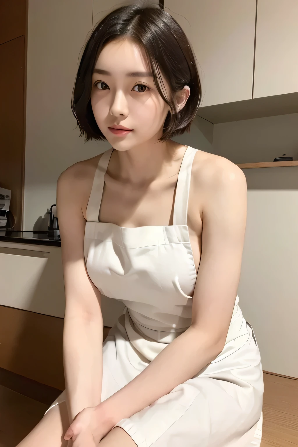 highest quality、8K、no makeup、no makeup、masterpiece、ultra high resolution、clear pictures、Photoreal、realistic、professional lighting、Shine a light on your face、photo book、Shooting from a low angle、(18 year old girl、japanese idol、National beautiful girl、pretty girl、、round face、duck mouth、smile、big breasts、big erect nipples、thin waist、delicate body、highly detailed skin、beautiful hair、thin legs、round eyes、very short hair、straight hair、black hair、smile、photo from head to knees、delicate face、beautiful skin、Standing in the Daiking Kitchen、wearing white apron、whole body、Upper body、lower body