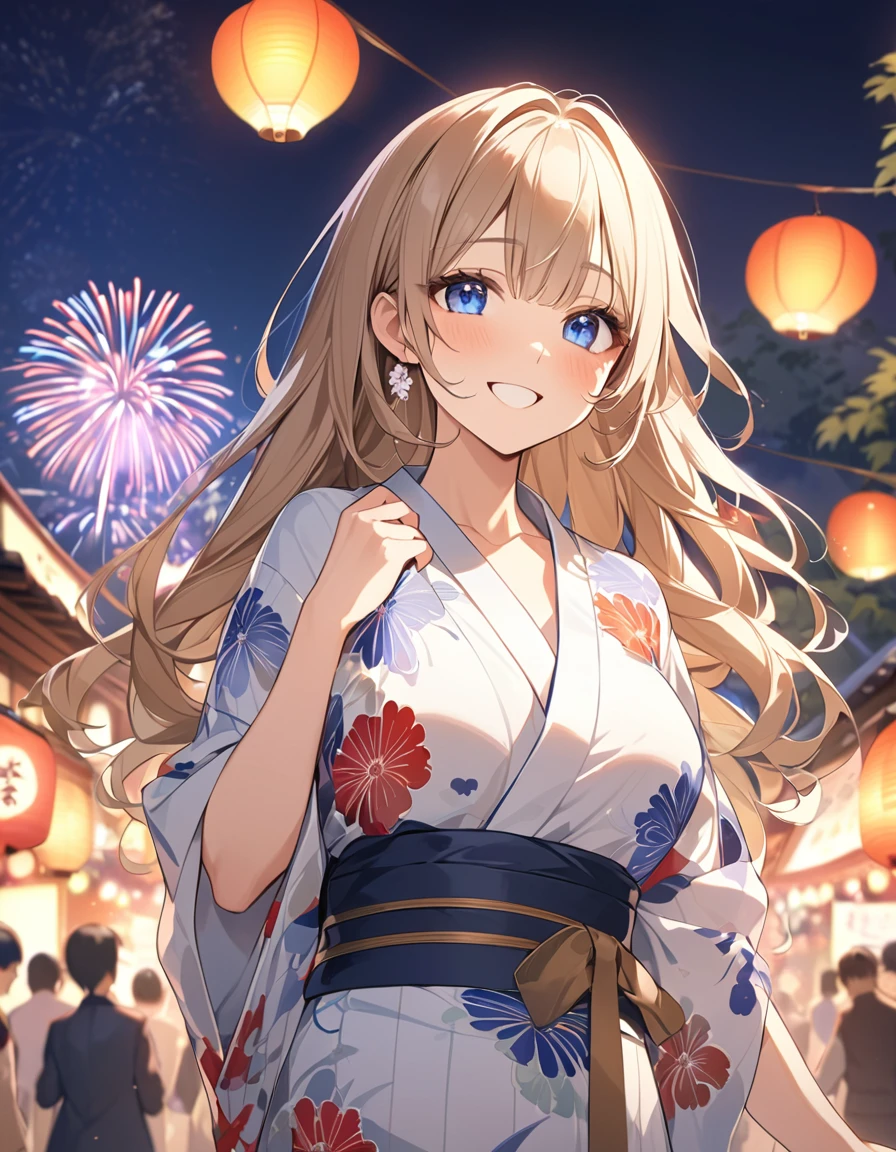 (Highest qualityのイラスト:1.2), (cute女の子:1.1), (1 girl、17 years old、Highest qualityのイラスト:1.2), (1 girl、Kind eyes、blue eyes:1.2)、Blonde、Semi-long hair、Mature、Larger breasts、(Highest quality、Very detailed、cute、Ultra-high resolution) 、Yukata、smile、night、Festival of the Japan、fair、Fireworks in the sky