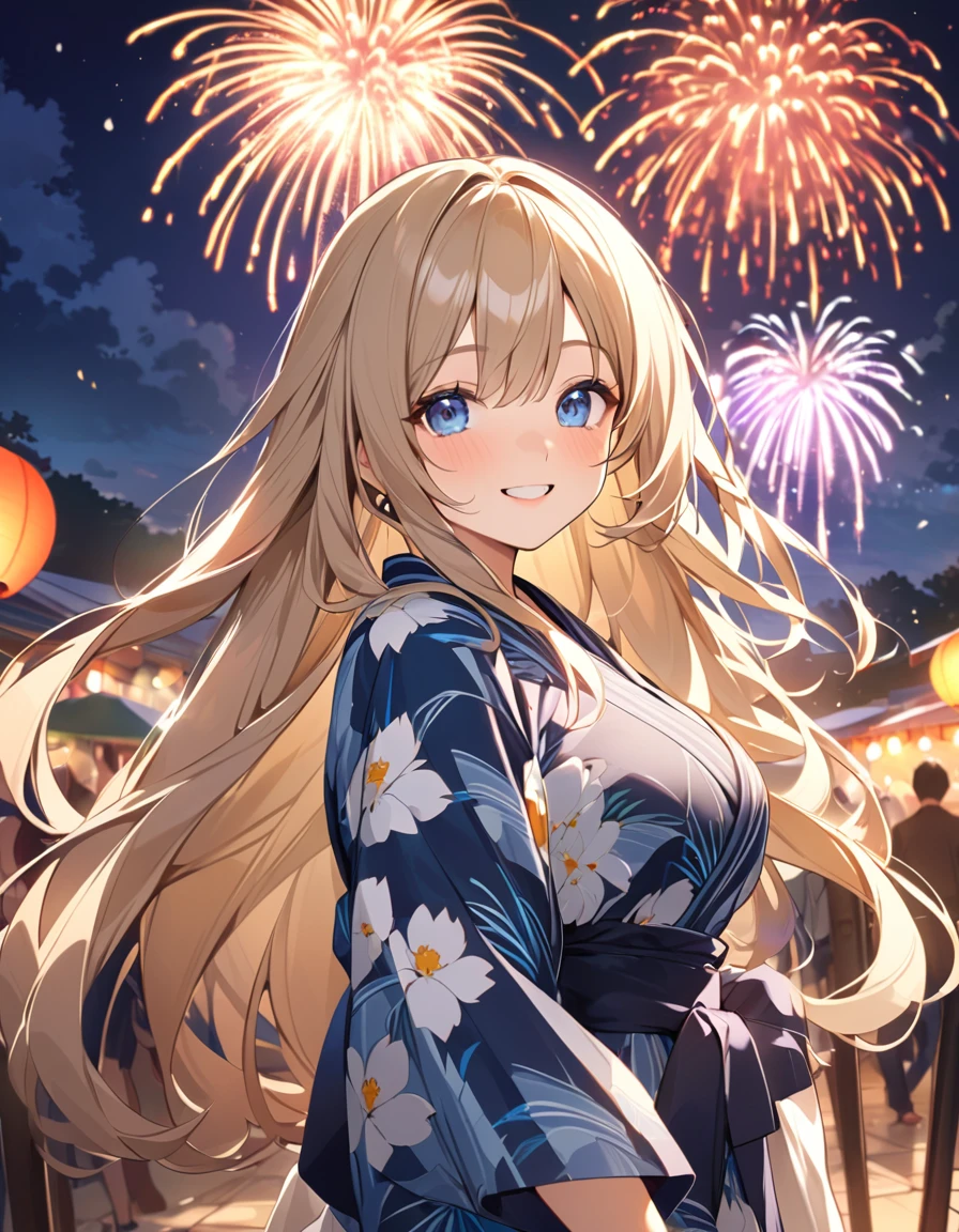 (Highest qualityのイラスト:1.2), (cute女の子:1.1), (1 girl、17 years old、Highest qualityのイラスト:1.2), (1 girl、Kind eyes、blue eyes:1.2)、Blonde、Semi-long hair、Mature、Larger breasts、(Highest quality、Very detailed、cute、Ultra-high resolution) 、Yukata、smile、night、Festival of the Japan、fair、Fireworks in the sky