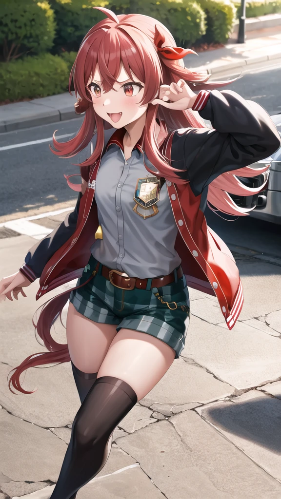 masterpiece, best quality, highres, aakaho, long hair, ahoge, hair ribbon, red ribbon, letterman jacket, long sleeves, armband, open jacket, collared shirt, grey shirt, red belt, green shorts, plaid, black thighhighs, street, walking, cowboy shot. :p