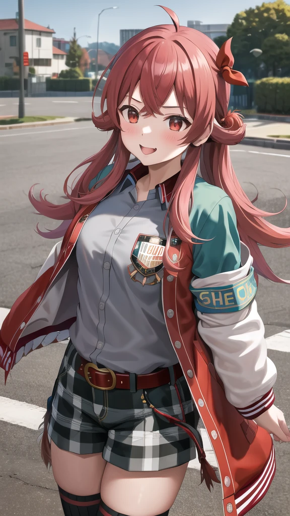 masterpiece, best quality, highres, aakaho, long hair, ahoge, hair ribbon, red ribbon, letterman jacket, long sleeves, armband, open jacket, collared shirt, grey shirt, red belt, green shorts, plaid, black thighhighs, street, walking, cowboy shot. :p