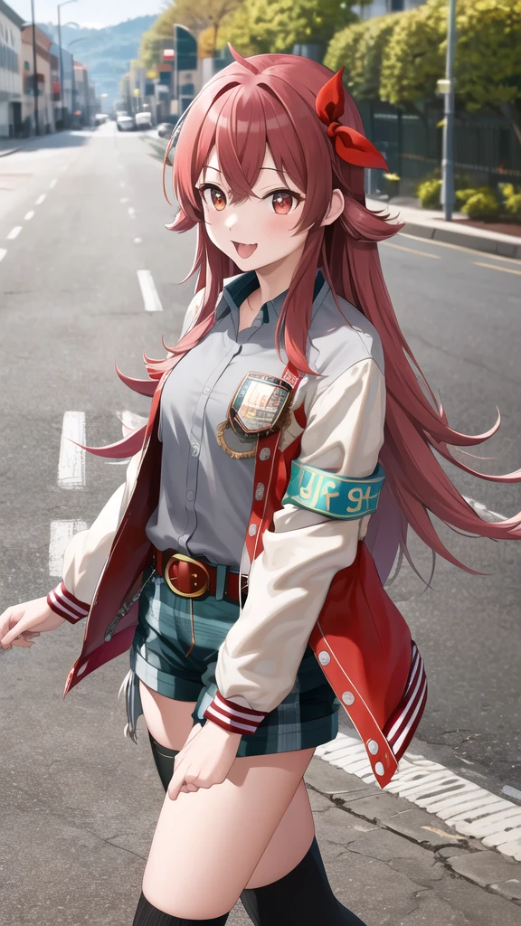 masterpiece, best quality, highres, aakaho, long hair, ahoge, hair ribbon, red ribbon, letterman jacket, long sleeves, armband, open jacket, collared shirt, grey shirt, red belt, green shorts, plaid, black thighhighs, street, walking, cowboy shot. :p