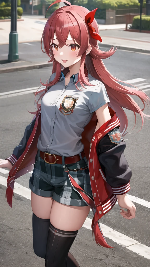 masterpiece, best quality, highres, aakaho, long hair, ahoge, hair ribbon, red ribbon, letterman jacket, long sleeves, armband, open jacket, collared shirt, grey shirt, red belt, green shorts, plaid, black thighhighs, street, walking, cowboy shot. :p