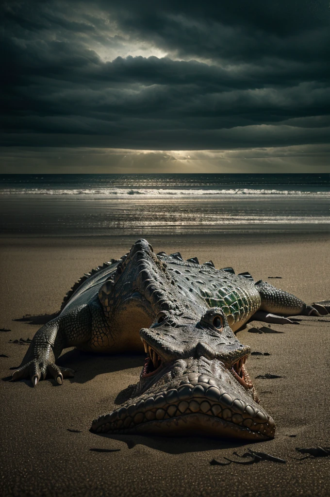 detailed crocodile, crocodile sitting on the sand, dark gloomy background, moody mysterious atmosphere, dramatic lighting, (best quality,4k,8k,highres,masterpiece:1.2),ultra-detailed,(realistic,photorealistic,photo-realistic:1.37),HDR,UHD,studio lighting,ultra-fine painting,sharp focus,physically-based rendering,extreme detail description,