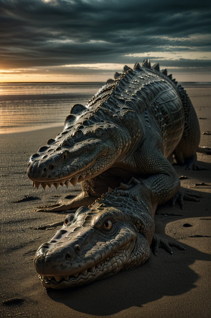 detailed crocodile, crocodile sitting on the sand, dark gloomy background, moody mysterious atmosphere, dramatic lighting, (best quality,4k,8k,highres,masterpiece:1.2),ultra-detailed,(realistic,photorealistic,photo-realistic:1.37),HDR,UHD,studio lighting,ultra-fine painting,sharp focus,physically-based rendering,extreme detail description,