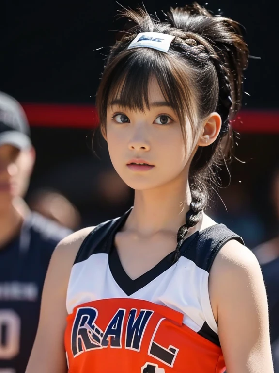 (RAW Photos), (Highest quality), masterpiece, 1 Girl, [twintail:braid:4], head shot, Sports, basketball, sneakers, head band, City, sunset, dynamic, Graffiti