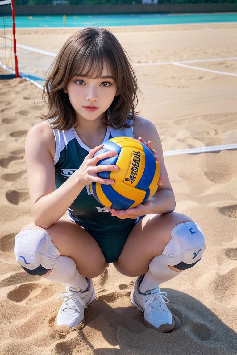 Highest quality, Super detailed, High resolution, 8K images) (short hair, Wavy Hair, whole body:1.1)Handsome detailed woman, Highly detailed eyes and face, Realistic Face Proportions, Stunning eye for detail, Realistic beautiful face, Very small face, Realistic small beautiful eyes, double eyelid, compensate, Tearful mole(Volleyball Uniforms:1.3),,((Show me your)), ((Stick your butt out)),(Squat with your feet wide apart),(Overflowing big),(whole bodyが映る後ろからのアングル), Very beautiful and cute girl,22 years old,(anime),Kamimei,alone,Symmetrical Beach Volleyball、Volleyball court