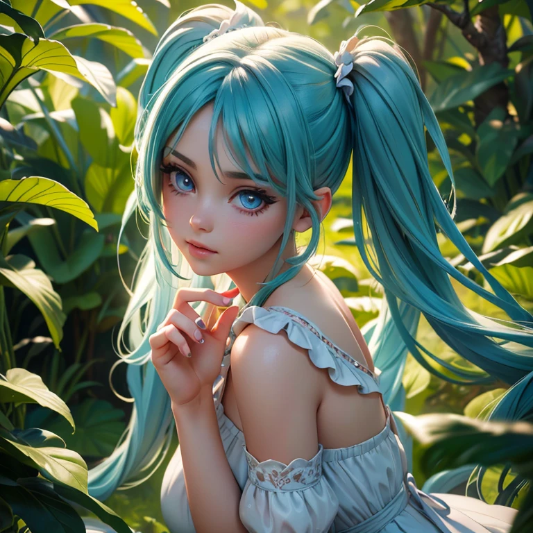 A young woman with long, flowing twin tails, beautiful detailed eyes, beautiful detailed lips, extremely detailed face, long eyelashes, wearing a colorful dress, standing in a lush, vibrant garden, (best quality,4k,8k,highres,masterpiece:1.2),ultra-detailed,(realistic,photorealistic,photo-realistic:1.37),detailed fantasy landscape, intricate details, vibrant colors, soft lighting, cinematic composition, dreamlike atmosphere