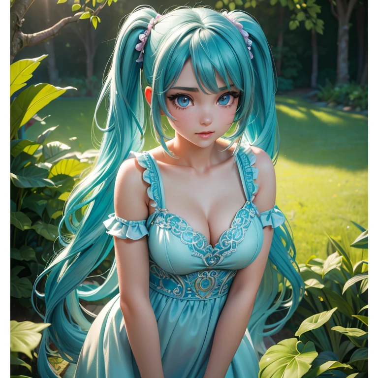 A young woman with long, flowing twin tails, beautiful detailed eyes, beautiful detailed lips, extremely detailed face, long eyelashes, wearing a colorful dress, standing in a lush, vibrant garden, (best quality,4k,8k,highres,masterpiece:1.2),ultra-detailed,(realistic,photorealistic,photo-realistic:1.37),detailed fantasy landscape, intricate details, vibrant colors, soft lighting, cinematic composition, dreamlike atmosphere