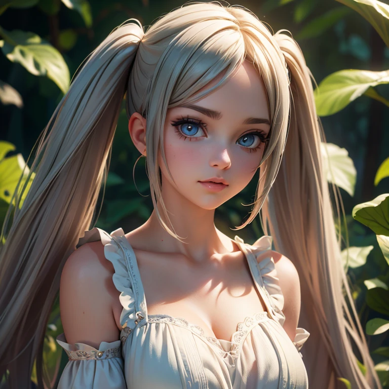 A young woman with long, flowing twin tails, beautiful detailed eyes, beautiful detailed lips, extremely detailed face, long eyelashes, wearing a colorful dress, standing in a lush, vibrant garden, (best quality,4k,8k,highres,masterpiece:1.2),ultra-detailed,(realistic,photorealistic,photo-realistic:1.37),detailed fantasy landscape, intricate details, vibrant colors, soft lighting, cinematic composition, dreamlike atmosphere