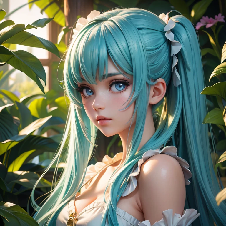 A young woman with long, flowing twin tails, beautiful detailed eyes, beautiful detailed lips, extremely detailed face, long eyelashes, wearing a colorful dress, standing in a lush, vibrant garden, (best quality,4k,8k,highres,masterpiece:1.2),ultra-detailed,(realistic,photorealistic,photo-realistic:1.37),detailed fantasy landscape, intricate details, vibrant colors, soft lighting, cinematic composition, dreamlike atmosphere