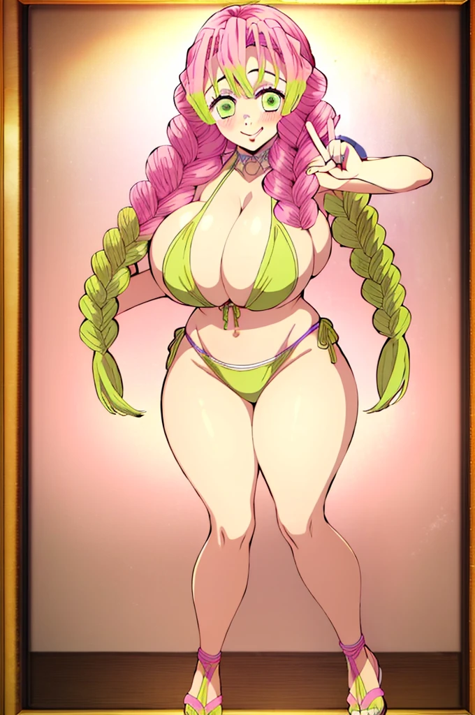(masterpiece, best quality), intricate details,
MitsuriKanroji, kanroji mitsuri, 1girl, solo, long hair, winking, green eyes, pink hair, green hair, twin braids, smile, cute smile, blushed smile, blush, blushing, large breast, huge breasts, bikini top, collarbone, neck, bare shoulders, yellow bikini top, cleavage, full body, cowboy shot, plain background, white background, perfect shot, perfect framing, full body shot, hands behind head, tongue out, ;p, peace sign