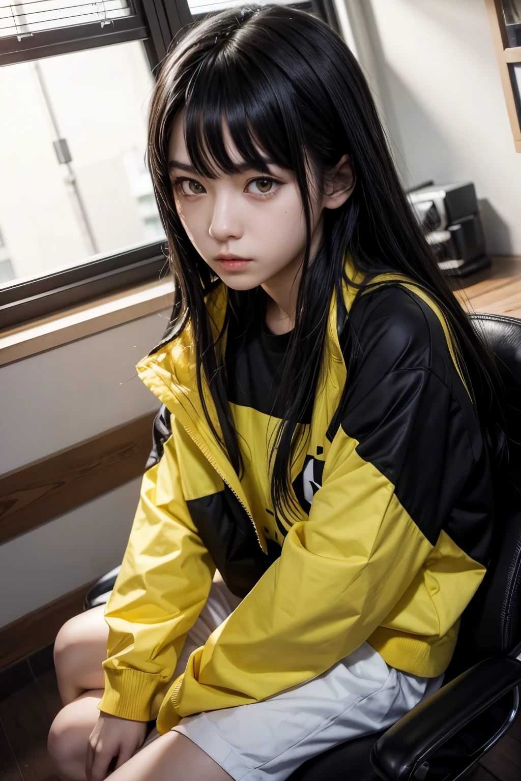 Make a jujustu kaisen-style image of a teenager with black hair and yellow eyes 