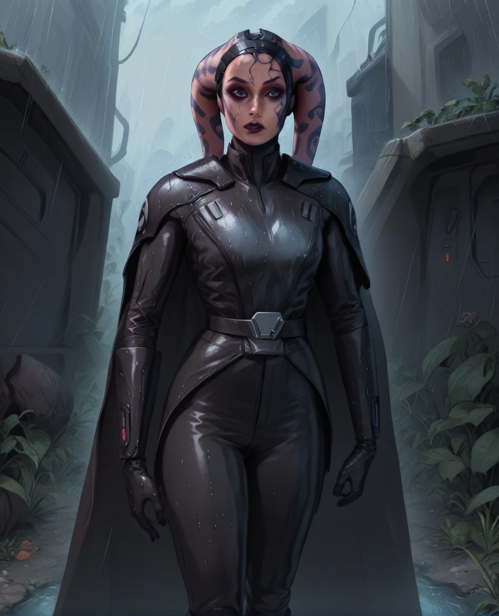 score_9,score_8_up,score_7_up,score_6_up, Female Twi'lek
,,black hair, FULL body, wet, armor,gloves,black bodysuit,black cape,belt,rain, science fiction,sith base, star wars, outdoors, rain, solo,fflixbag wearing armor sabine wren space_girl