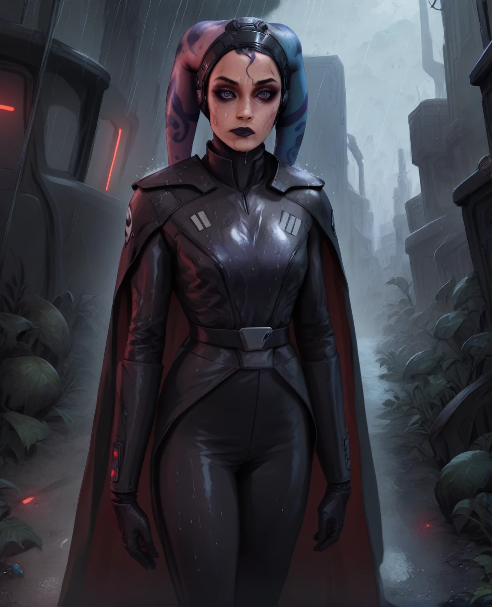 score_9,score_8_up,score_7_up,score_6_up, Female Twi'lek
 ,,black hair, FULL body, wet, armor,gloves,black bodysuit,black cape,belt,rain, science fiction,sith base, star wars, outdoors, rain, solo,fflixbag wearing armor sabine wren space_girl
