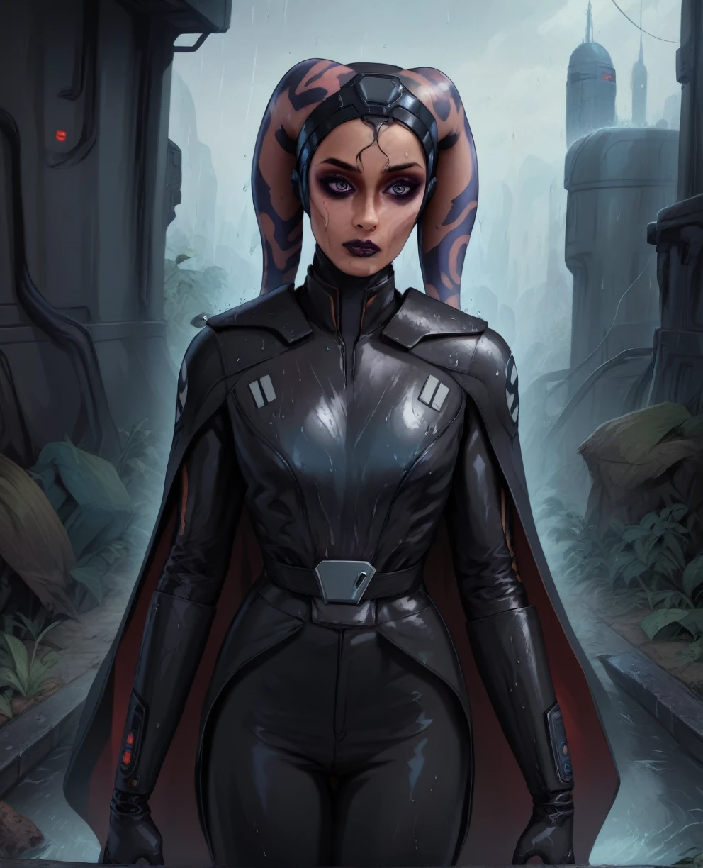 score_9,score_8_up,score_7_up,score_6_up, Female Twi'lek
 ,,black hair, FULL body, wet, armor,gloves,black bodysuit,black cape,belt,rain, science fiction,sith base, star wars, outdoors, rain, solo,fflixbag wearing armor sabine wren space_girl
